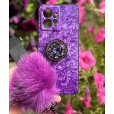 Силиконовый чехол с попсокетом и меховым помпоном для Xiaomi Redmi Note 12 4G Фиолетовый