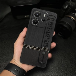 Силіконовий чохол для Xiaomi Redmi Note 14 4G з ремінцем-підставкою Чорна шкіра з деревною текстурою