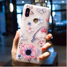 Рельєфний силіконовий чохол для Xiaomi Redmi Note 6 Pro з картинкою Квіти та пташка