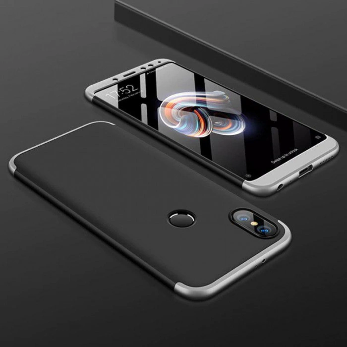 Матовый защитный чехол GKK 360° для Xiaomi Redmi Note 5 Черно-серебристый