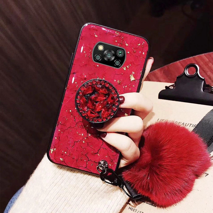 Силиконовый чехол с попсокетом и меховым помпоном для Xiaomi Poco X3 NFC Красный Силиконовый чехол с попсокетом и меховым помпоном для Xiaomi Poco X3 NFC Красный