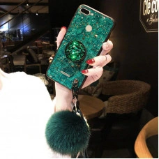 Силіконовий чохол з попсокетом та хутряним помпоном для Oppo A7 Зелений