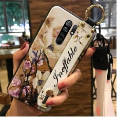 Силиконовый чехол для Xiaomi Redmi 9 с ремешком-подставкой и на шею Цветы на бежевом