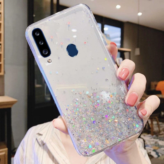 Силиконовый чехол с блестками для Samsung A20s Серебристый