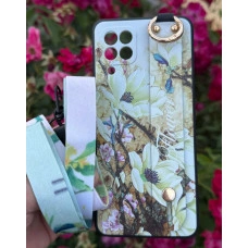 Силіконовий чохол для Samsung Galaxy A22 з ремінцем-підставкою Квіти на бежевому