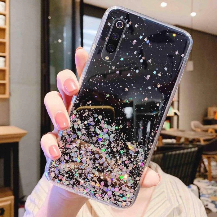 Силиконовый чехол с блестками для Samsung A70 Чёрный
