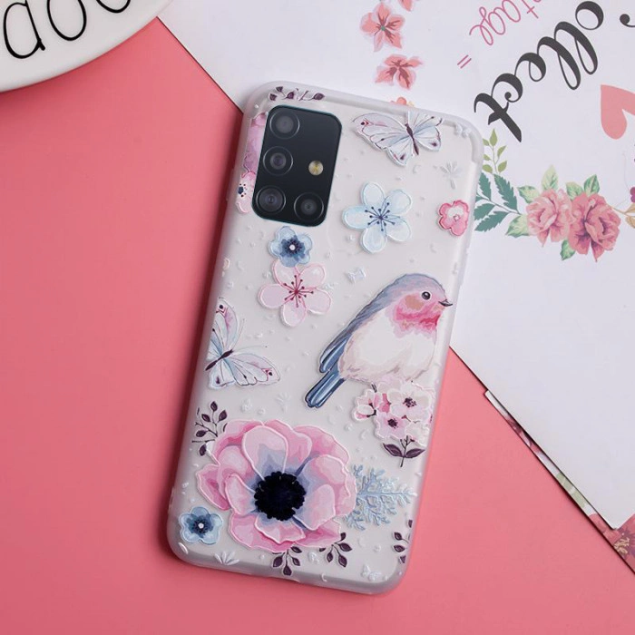 Рельефный силиконовый чехол для Samsung A51 с картинкой Цветы и птица Рельефный силиконовый чехол для Samsung A51 с картинкой Цветы и птица