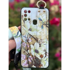 Силиконовый чехол для Samsung M31/M21s с ремешком-подставкой и на шею Цветы на бежевом