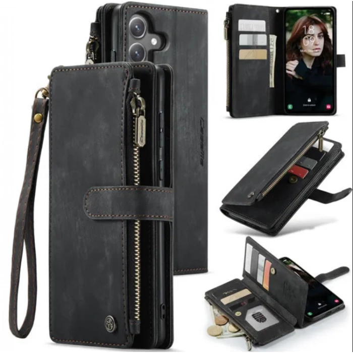 Чехол-кошелек CaseMe Retro Leather с манитом и ремешком для Samsung S21 Plus Черный